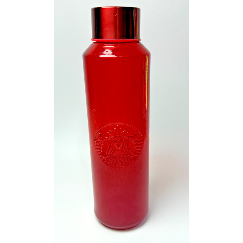 Starbucks Winter 2022 Red Ombre Embossed Siren Logo Glass Water Bottle 22oz Used